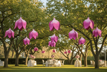 Load image into Gallery viewer, Hot pink large paper flower hanging decorations for outdoor weddings, birthday parties, and special events