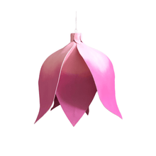 Load image into Gallery viewer, 10 hot pink giant paper flowers hanging on strings between trees at an outdoor wedding reception with fairy lights