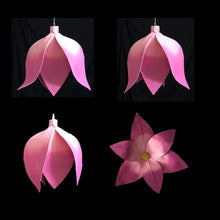 Load image into Gallery viewer, Hot pink oversized paper flowers hanging from string lights between trees at a romantic outdoor event