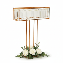 Load image into Gallery viewer, 35.4 inch gold metal centerpiece stand with crystals for wedding reception tables and special events