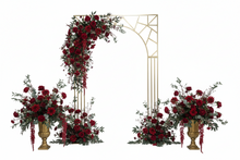 Load image into Gallery viewer, Gold metal arch wedding backdrop decorated with red flowers for events