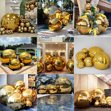 Load image into Gallery viewer, Gold mirror ball set of 5 inflatable party decorations ranging from 15 to 47 inches for weddings and events
