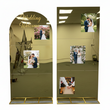 Load image into Gallery viewer, Metal arch backdrop with wedding photos and welcome sign for ceremony decor