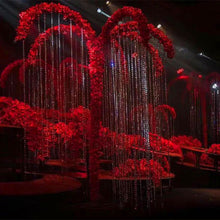 Load image into Gallery viewer, 7ft metal stand with beaded curtain and red flower backdrop for elegant wedding reception centerpiece