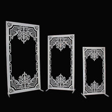 Load image into Gallery viewer, White metal wedding backdrop stand with ornate traditional design for elegant event décor
