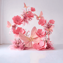 Load image into Gallery viewer, Pink giant paper flower backdrop arch with butterflies for birthday party, baby shower, and photo booth decoration