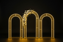 Load image into Gallery viewer, Wedding arch with yellow LED strips on black background