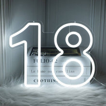 Load image into Gallery viewer, Large Number 18 LED neon sign in white for elegant birthday celebrations