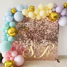 Load image into Gallery viewer, Rose gold shimmer wall backdrop a wedding