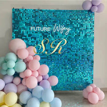 Load image into Gallery viewer, Blue shimmer wall backdrop for a theme party