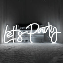 Load image into Gallery viewer, Let's Party LED neon sign in white for birthday celebrations