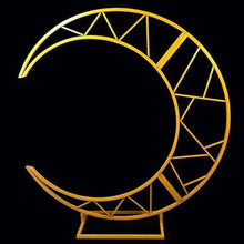 Load image into Gallery viewer, Gold crescent moon backdrop arch decorated with flowers for elegant event decor