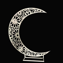 Load image into Gallery viewer, Metal moon shaped wedding arch with greenery and floral design for ceremony backdrop