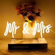 Load image into Gallery viewer, Elegant MR & MRS LED neon sign in warm white for anniversary celebrations