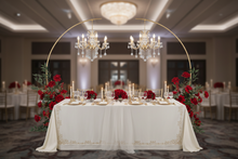 Load image into Gallery viewer, Wedding Metal Stands with Dinner Table, Chandeliers and Red Flowers
