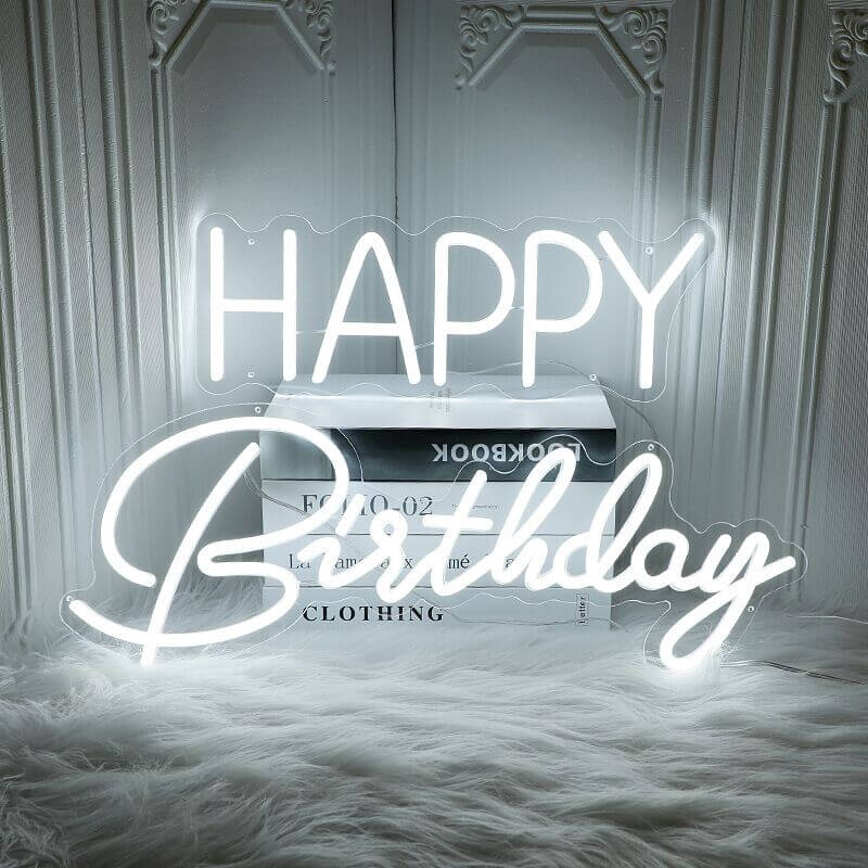 happy birthday neon sign in white for event 